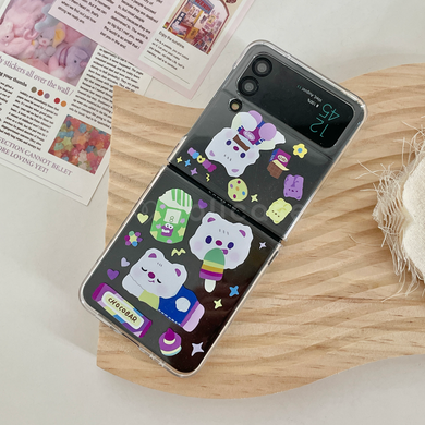 Jolicase Cute Bear Sticker Transparent Strap Case for Galaxy Zflip3 Zflip4